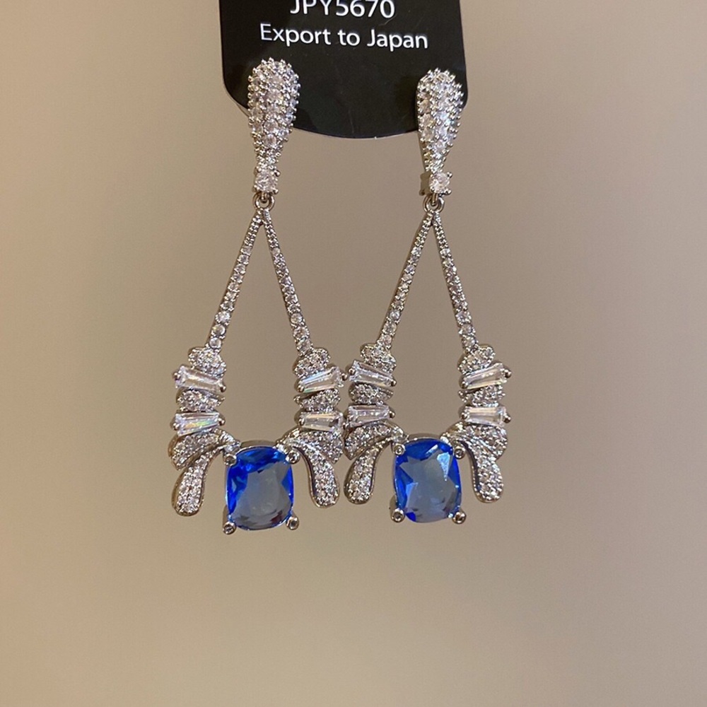 Silver Drop Earrings with Blue Cushion Stones